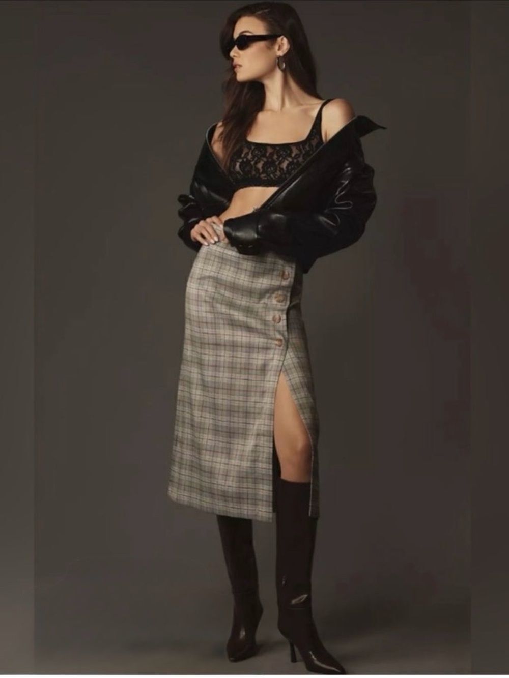 porridge x Anthropologie L Neutral Motif Button Side Plaid Midi Skirt